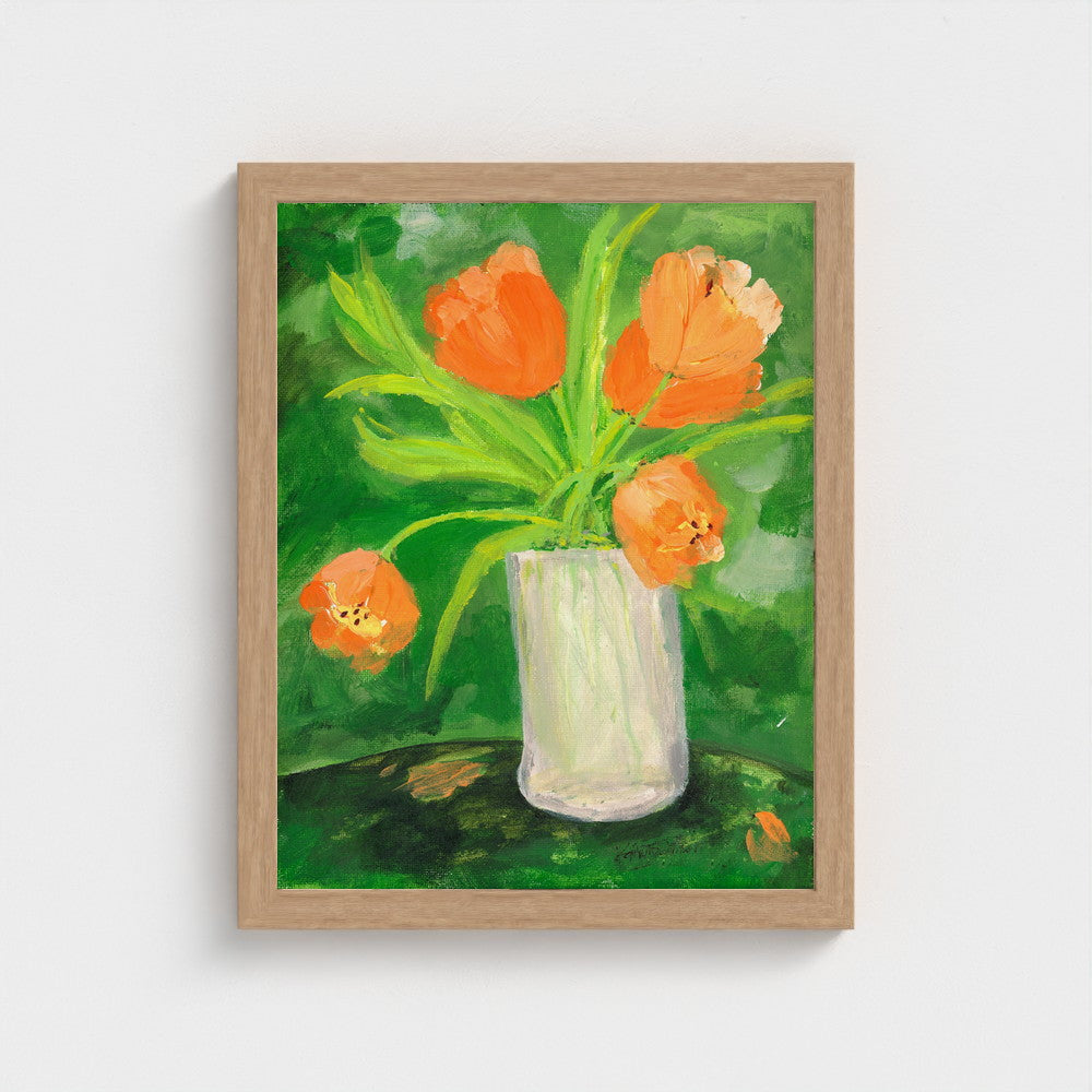 Tangerine Tulips — framed in natural oak